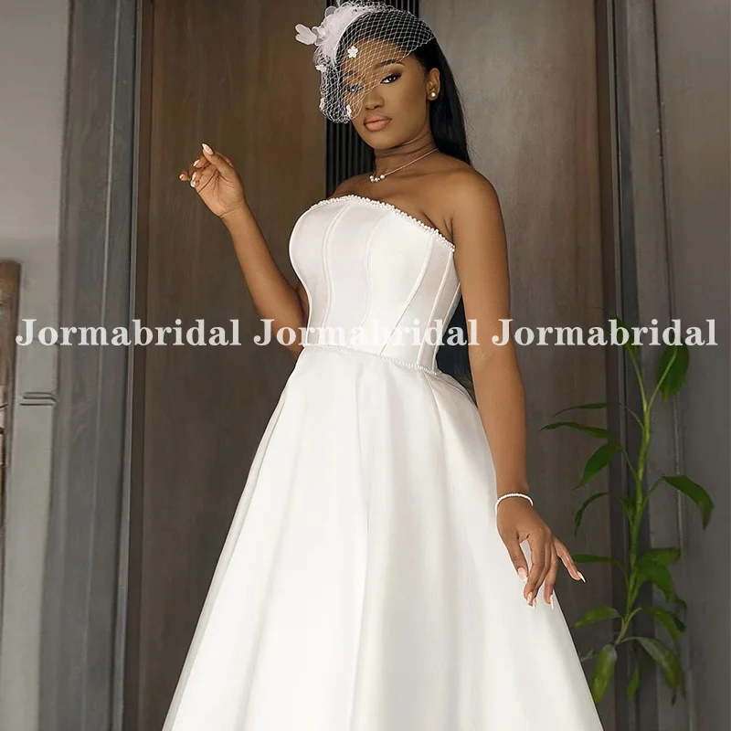 African Women Customized Short Wedding Dress Strapless Beaded Neck Exposed Boning Satin Plus Size Summer Bridal Gown Tailor Made