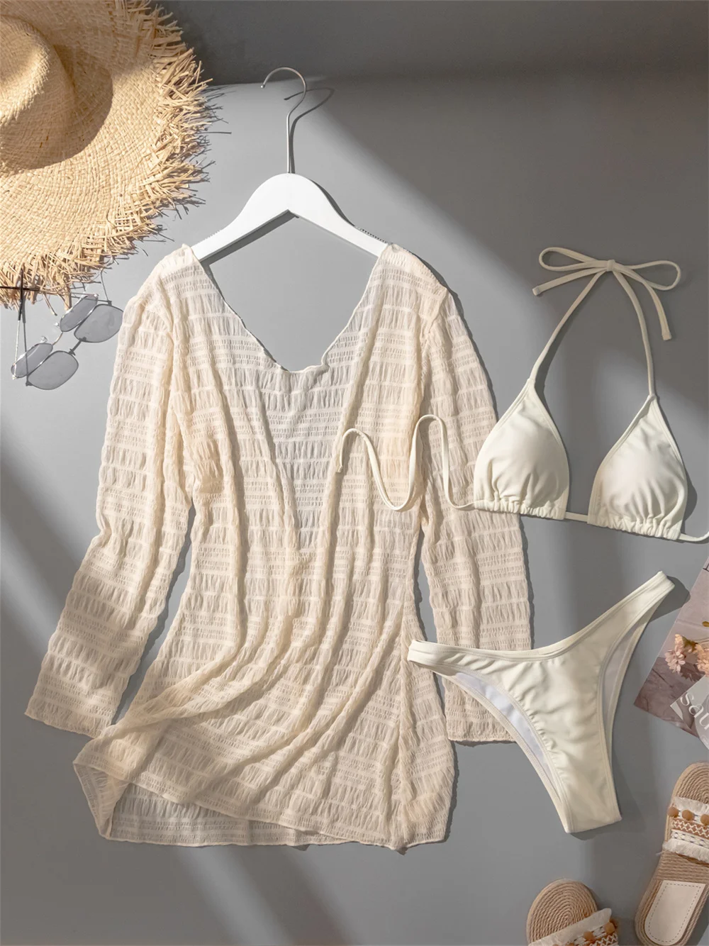 

Sexy Backless Sheer Cover Ups Triangle Bikinis Set Long Sleeve Swimsuit String Halter Lace Swimwear Women Beach Vacation Outfits