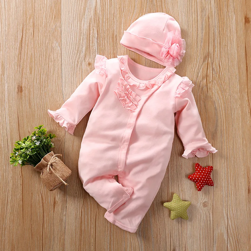 Newborn Baby Girl Clothes solid color girl Comfortable Spring and autumn long sleeves 2PCS Bodysuit+hat Outfit for Toddler Girl