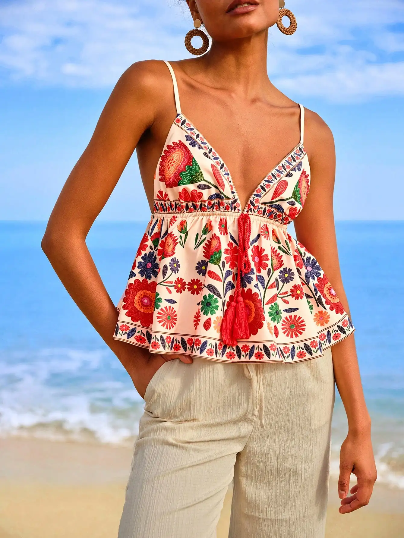 Floral Print Halter Deep V Neck Tassel Waist Cinched Vacation Style Short Top Women's Summer Casual Fashion Top