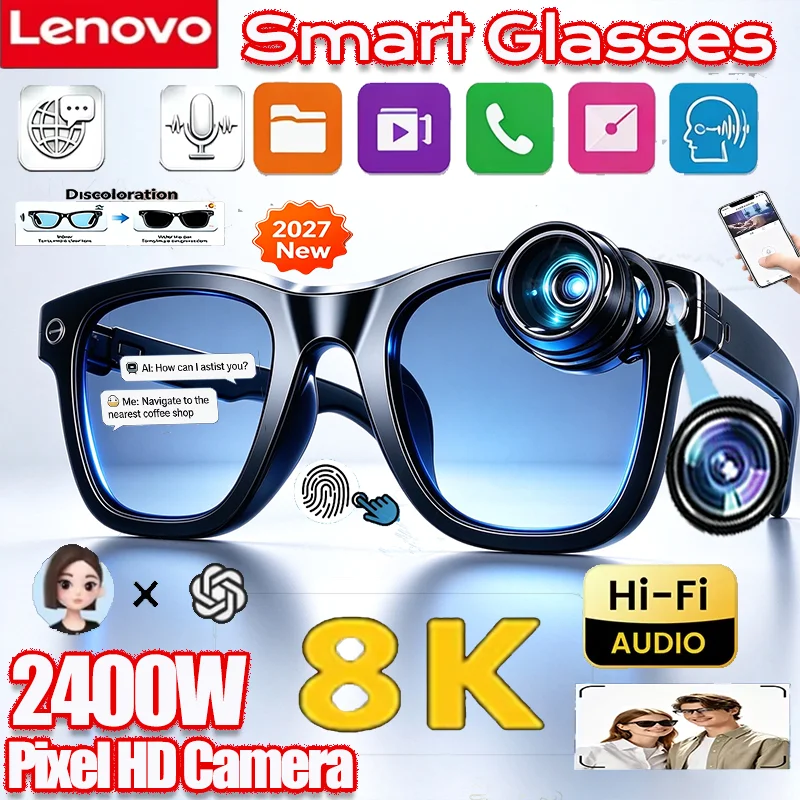 Lenovo AI 8K 2500MP Smart Glasses Hands-Free Calling AI Translation ChatGPT Logging Music Playback Women Men Smart Sunglasses
