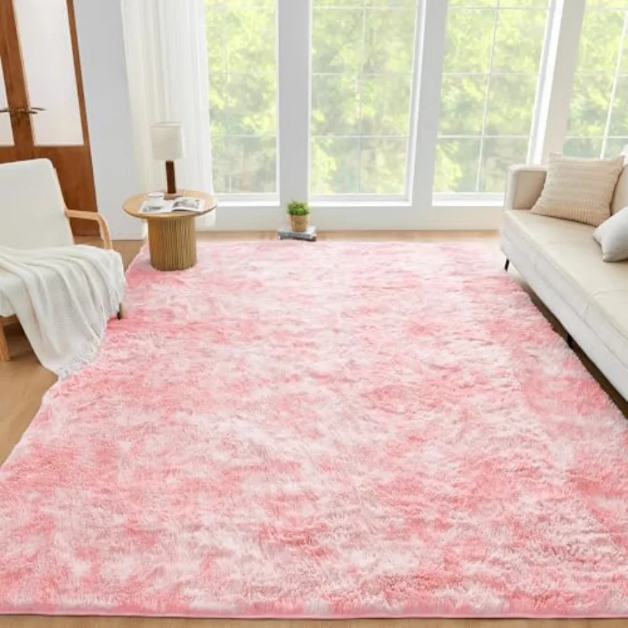 

5x8 Fluffy Shag Faux Fur Area Rug for Living Room Bedroom Tie-Dyed White Pink High Pile Soft Plush Shaggy Furry Bedside Playroo
