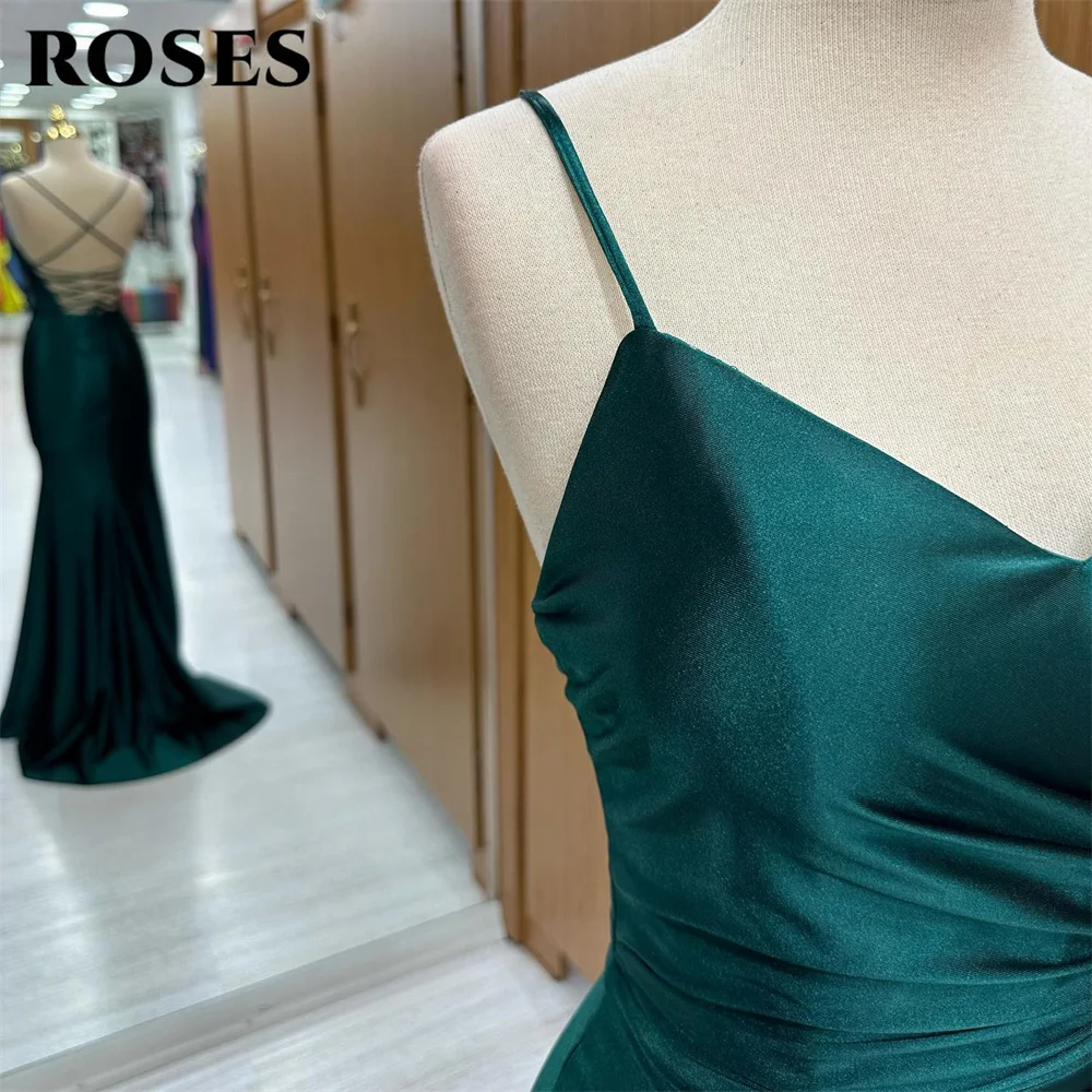 ROSES-simples sereia vestidos de noite, verde escuro Prom Dresses, Spaghetti Strap, Sexy Open Back Party Dress