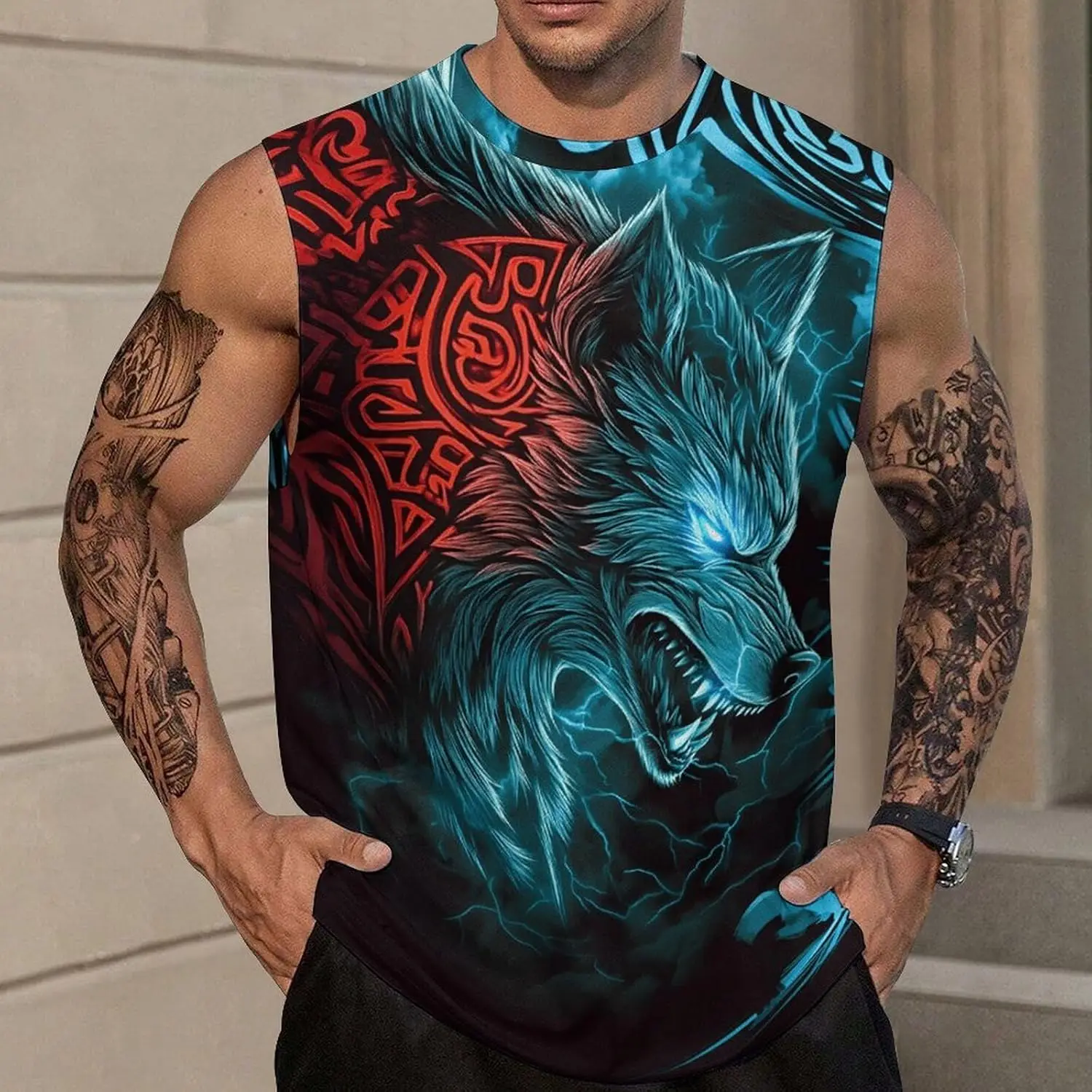 

3D Retro Mysterious Print Men's Sleeveless T-Shirts Retro Animal Totem Graphic Tees For Men Summer Outdoor Loose Breathable Tops