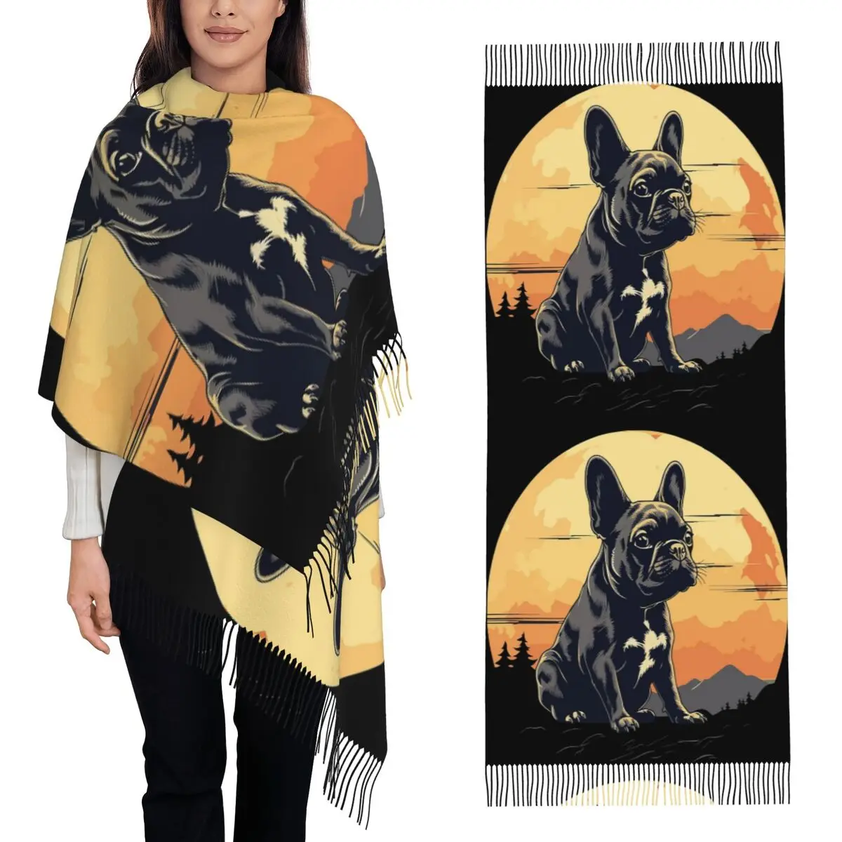 

Шарф с французским бульдогом, шарфы с кисточками для женщин, мягкие теплые шали и накидки, большая осенне-зимняя шаль