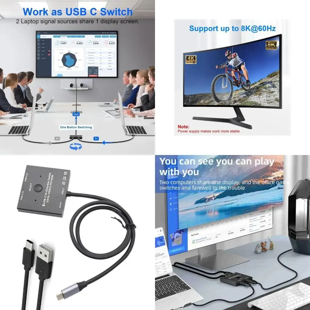 

BiDirection Type C Switcher USB C KVM Switcher 2 In1 Out/ 2in1Out Supports 8K@30Hz Video 10Gbps Data PD100W Power 896C