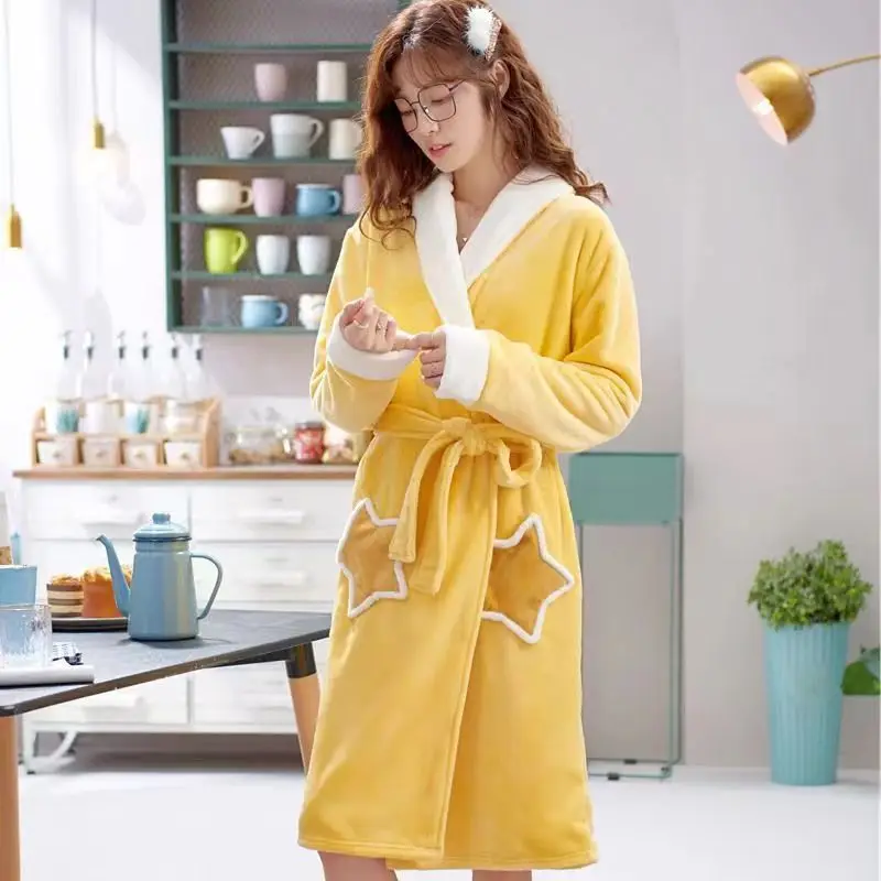 Winter Robe Ladies Dressing Gown Fluffy Bathrobe Hooded Bathrobe Pyjamas Women Bathrobe Winter Pyjamas Female Home Clothing