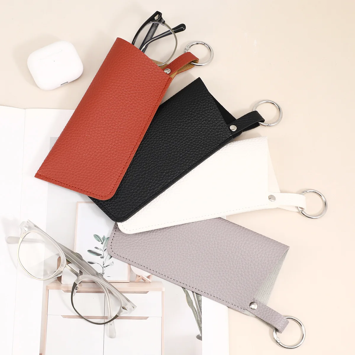 

Lychee Pattern Glasses Storage Soft Lining Spring Coil Glasses Case Pu Leather Eyewear Case Portable Glasses Bag