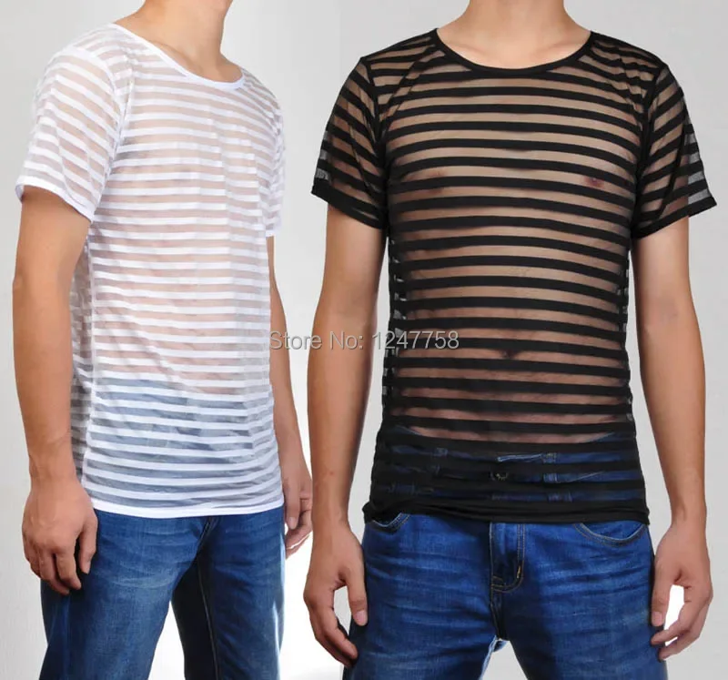 Sexy Male T-Shirt  Undershirts Men Mesh Stripe See Through  Underwear