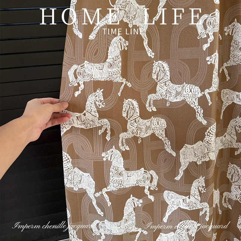 Royal Horse Chenille Jacquard Curtain Wheat Beige Sheer Floor Drapes Fabric Wholesale drapes in living room sheer curtains