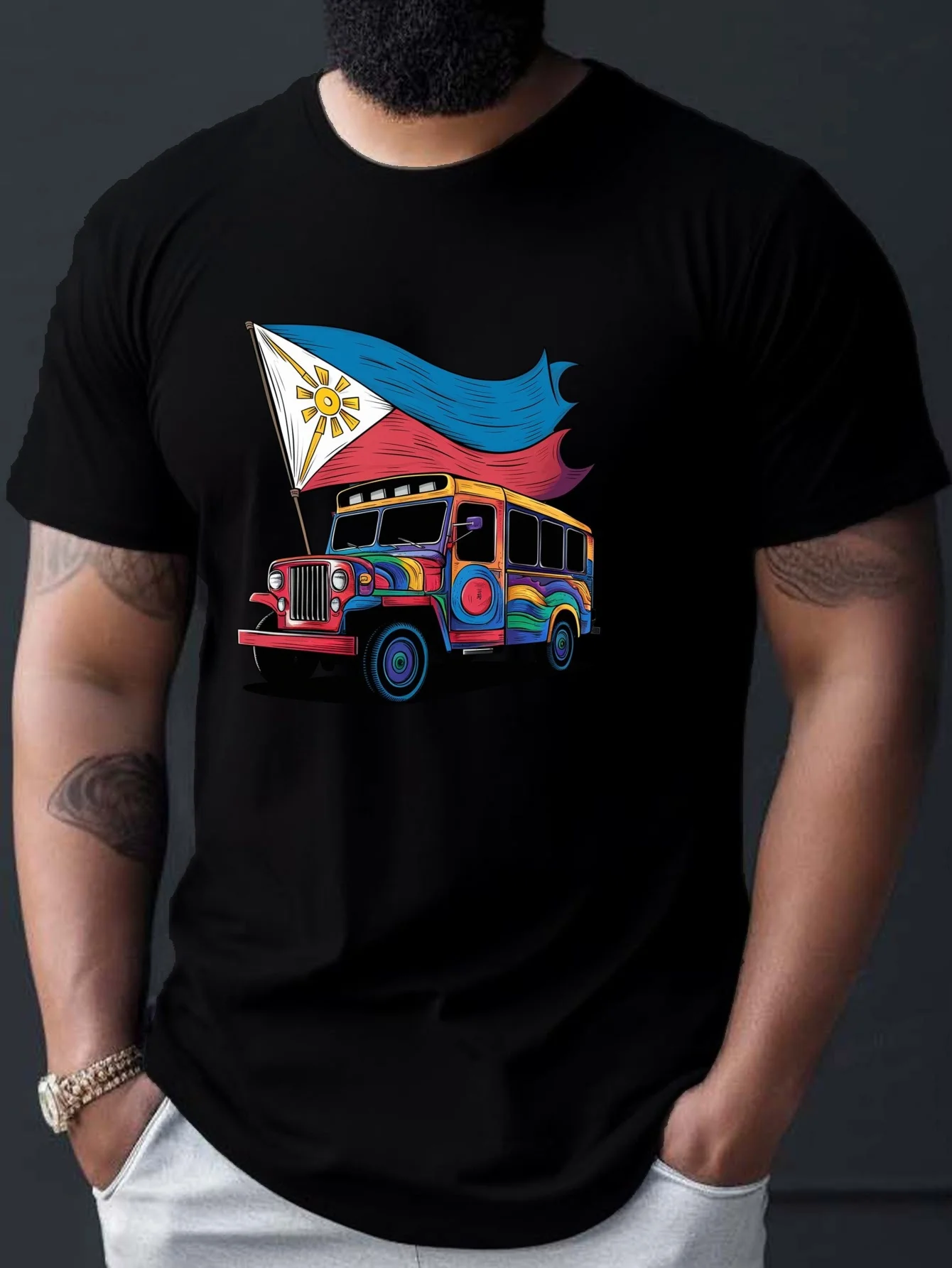 

Geometric Jeepney Flag Print Casual T-Shirt for Men Polyester Knit Fabric Regular Fit Round Neck Vibrant Jeepney Design