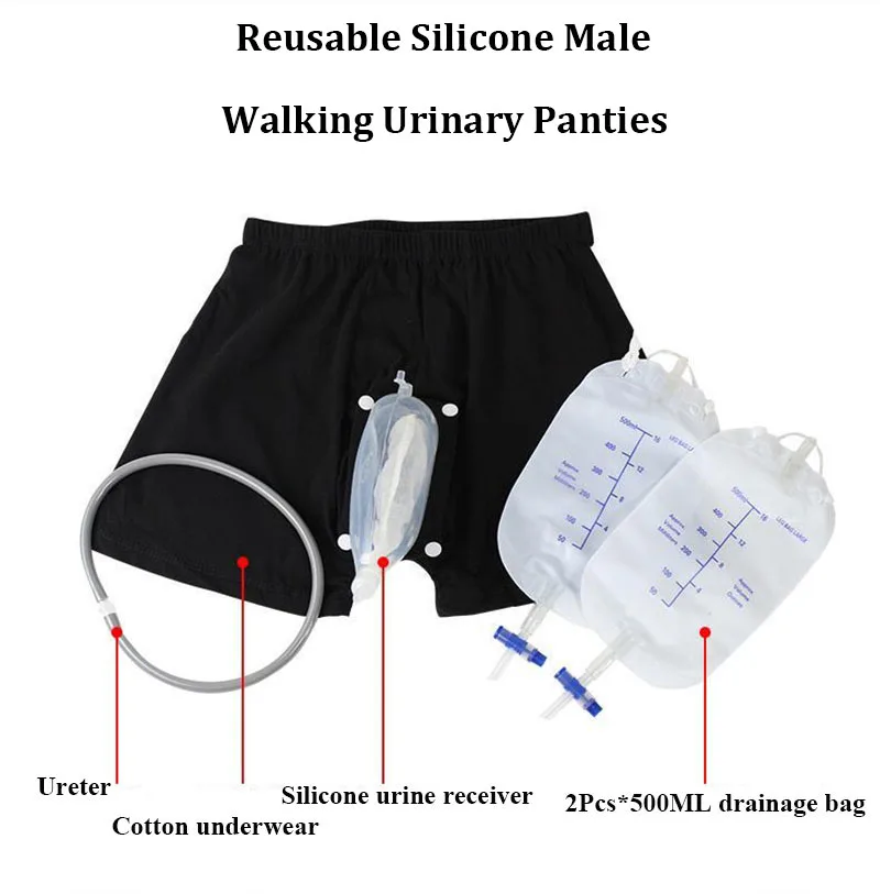 2Pcs Reusable Elderly Male Walking Urine Bag Silicone Funnel Urinary Catheter Drainage Bag 500ML Patient Incontinence underpants