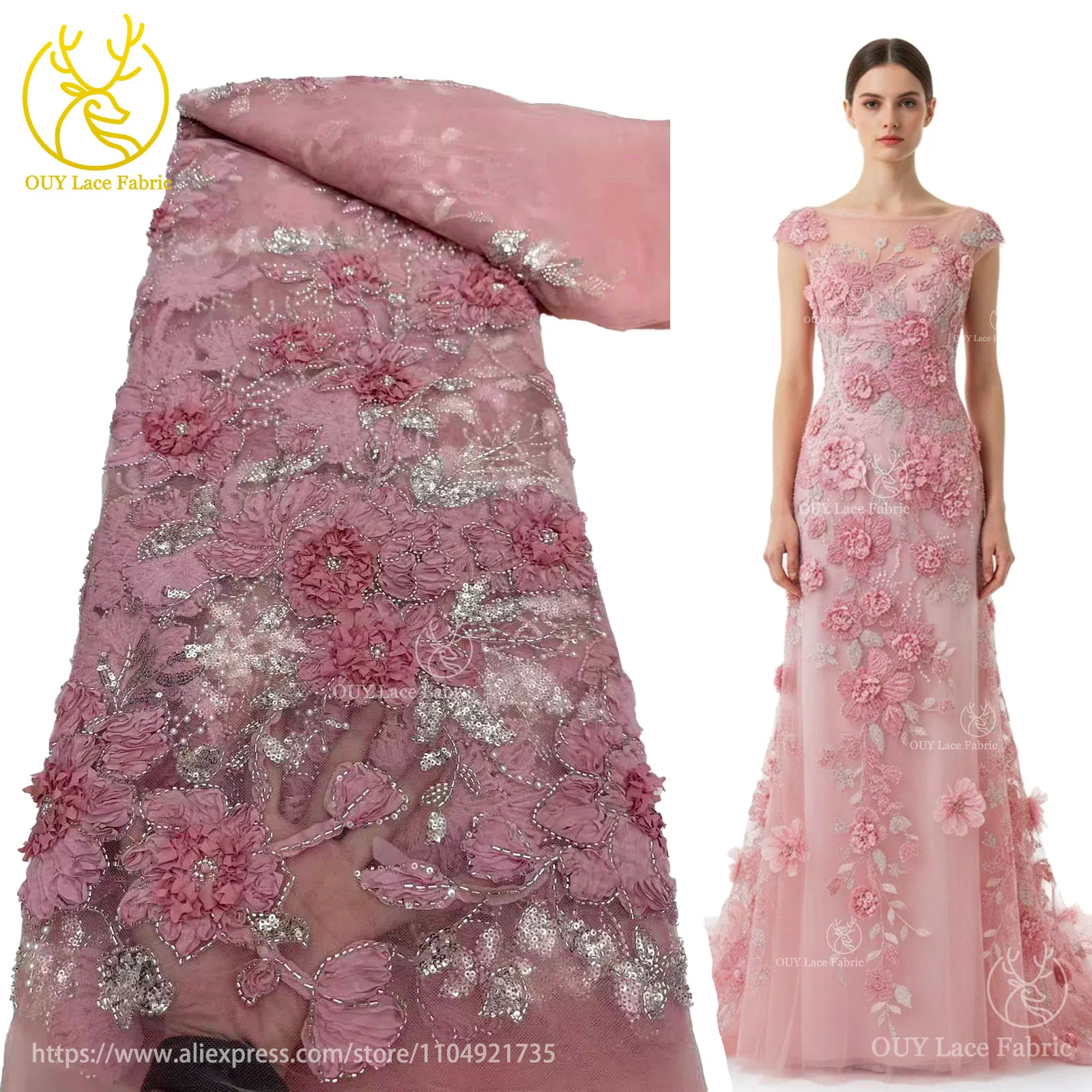 Moda francese 3D fiore paillettes tessuto di pizzo 2025 di alta qualità nigeriano africano in rilievo ricamo tessuto di pizzo abito da donna cucito