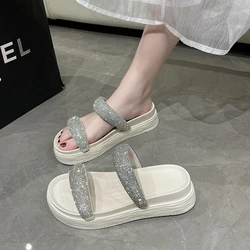 Slippers Casual Shoes Woman 2023 Pantofle Glitter Slides Med Luxury New Jelly Soft Flat Rubber PU Crystal Fashion Glitter Slides