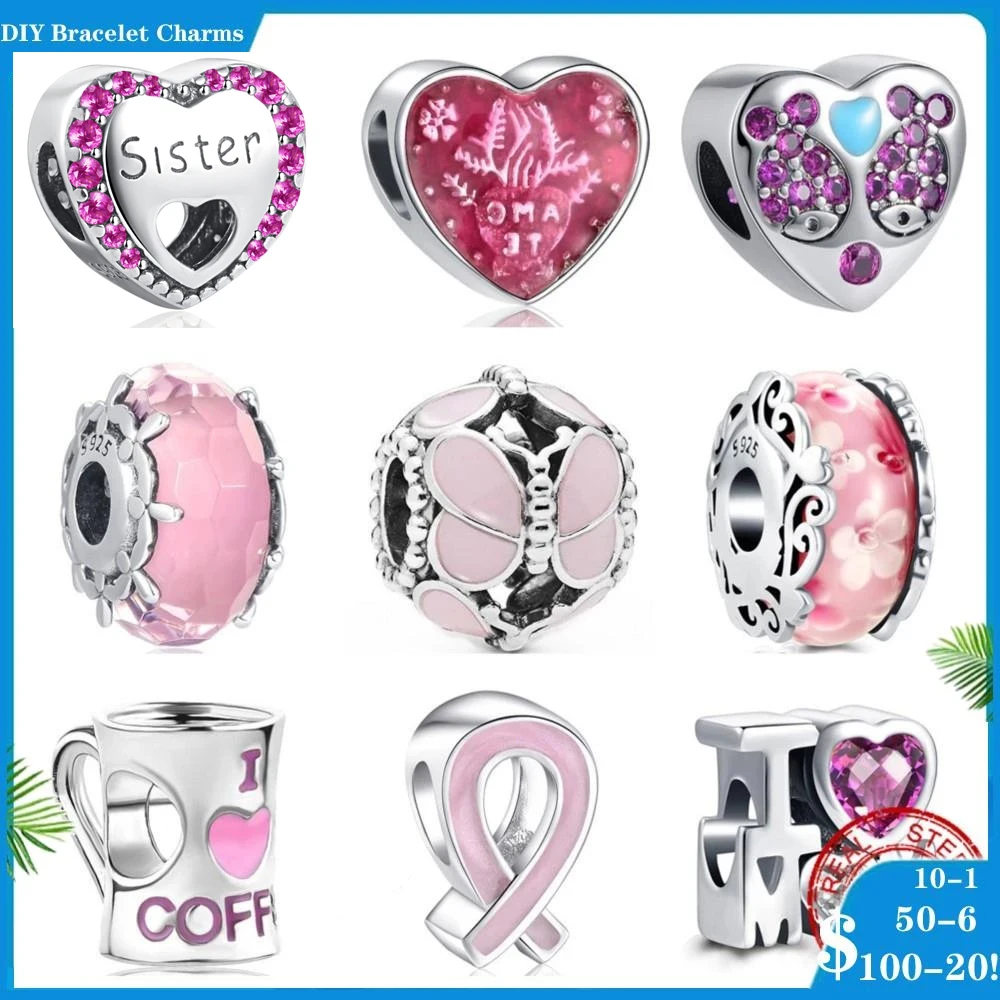 New style Silver 925 Charms pink love petal cup heart zirconia beads fit original charm Pandora bracelet beads