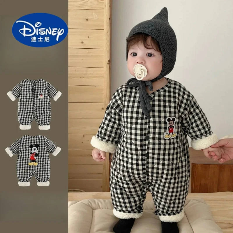 

Disney Baby Winter Bodysuit - Plush Cartoon Plaid Outfit with Feet, Cozy Unisex Infant Clothes