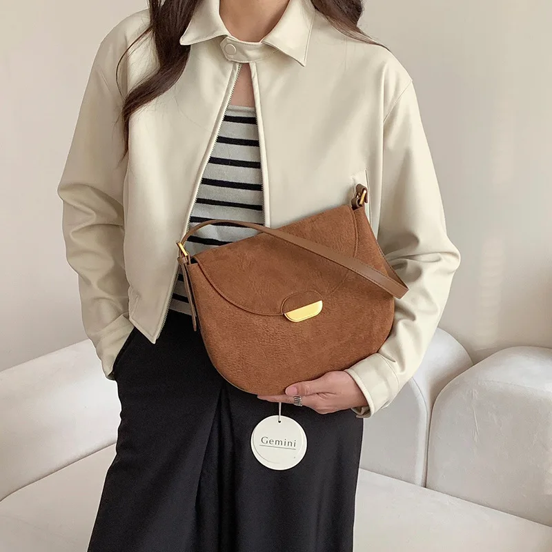 

FIRMRANCH Autumn Winter Vintage High Grade Brushed Soft Cowhide Women's Saddle Shoulder Underarm Bag Flip Cover Crossbody Purse