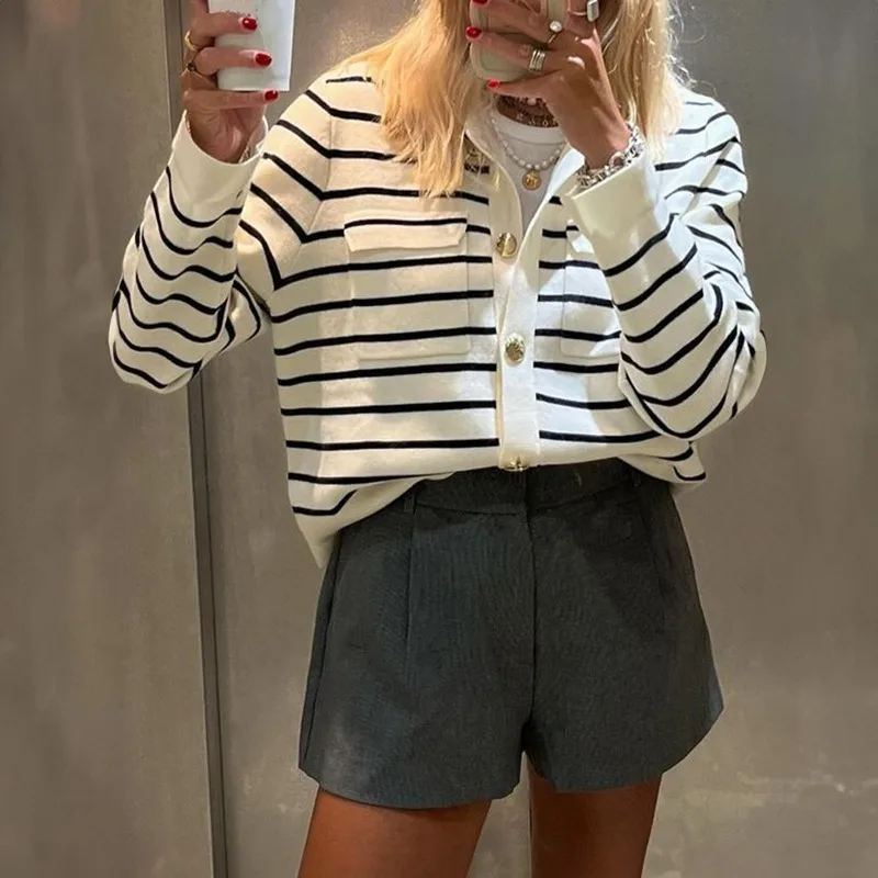 

Весенне-осенний полосатый вязаный кардиган для женщин, с длинными рукавами, на пуговицах, повседневный свободный свитер-пальто