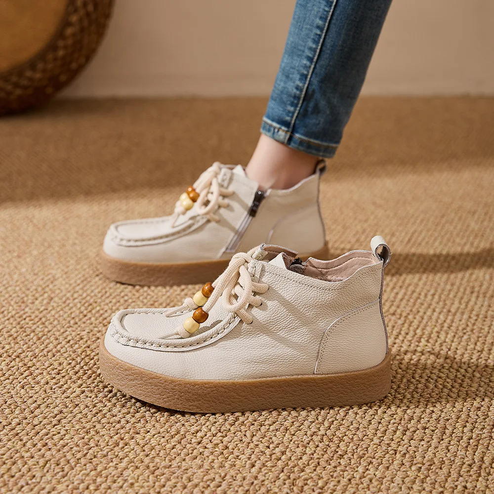 Neue Echtleder-Schnürstiefeletten für Damen, Klassische Perlen-Bootsschuhe, Damen-Reißverschluss-Stiefeletten, Weiche Casual-Booties, Bequeme Urlaubsstiefel – Detail 4