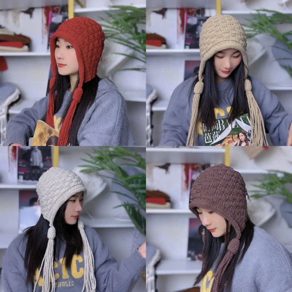 Sweet Handmade Woolen Hat Ear Protection Fried Dough Twists Tassel Warm Hat Hollowed Out Breathable Baotou Hat Travel