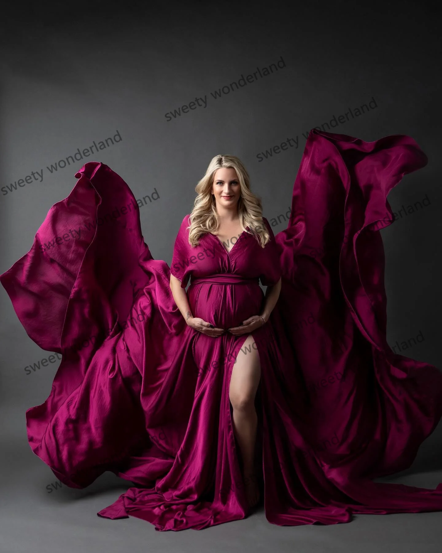 Silk Satin Fuchsia Prom Dresses Short Sleeves Maternity Photoshoot Dress with Slit Fluffy Baby Shower Gowns Vestido de Novia