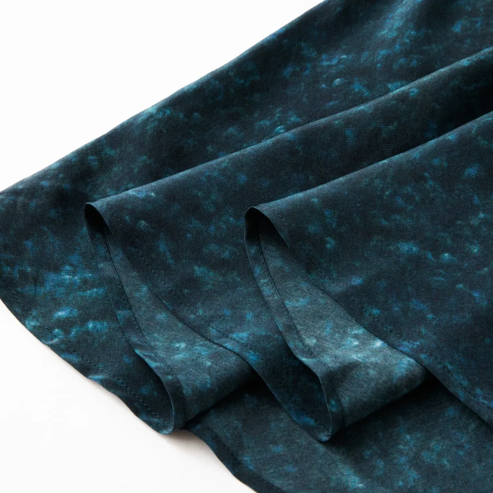 Deep Blue Starry Sky 100% Natural Mulberry Silk Crepe De Chine V-neck Short Sleeve Slant Cut Slimming Style Fishtail Dress