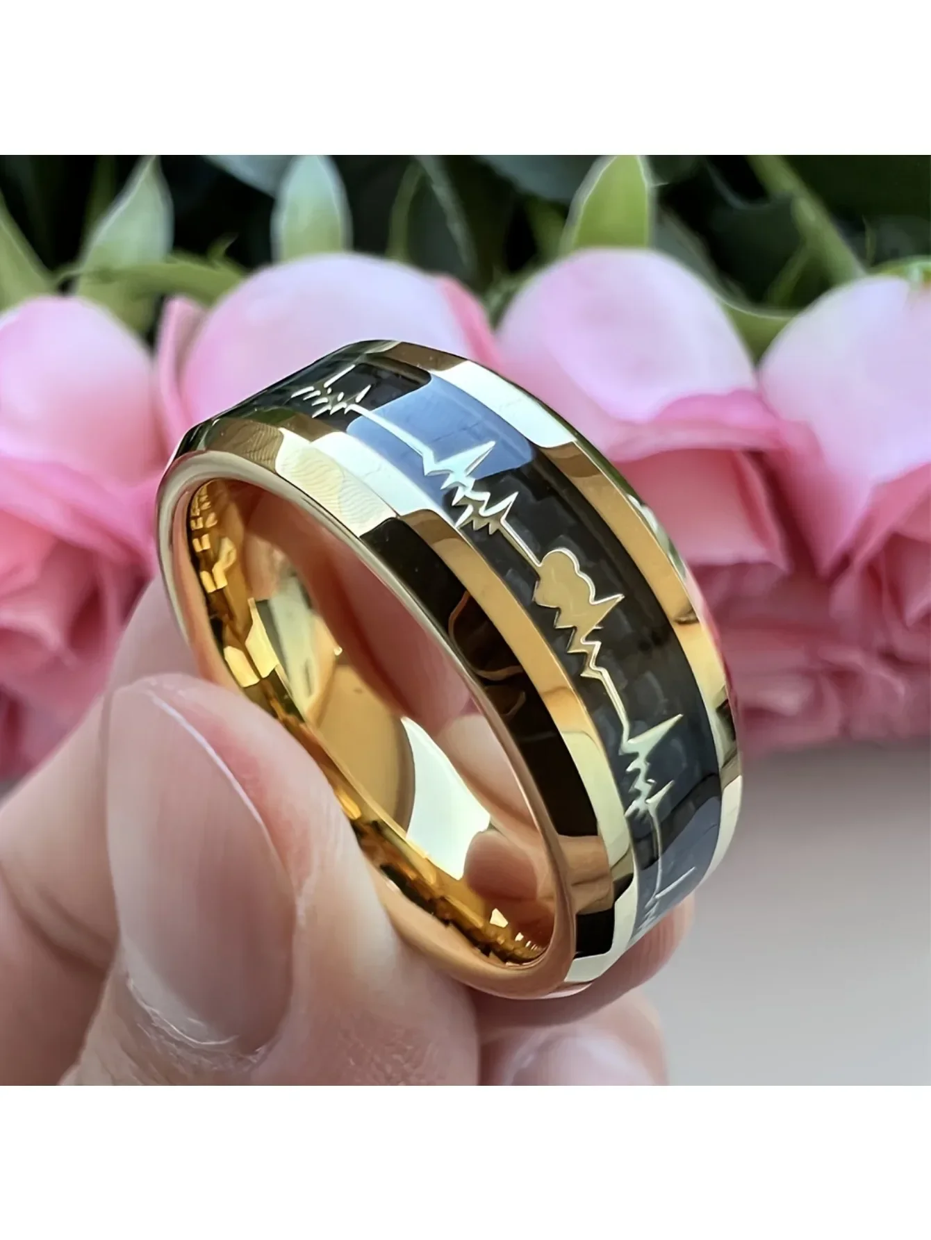 Anillo Unisex - Incrustación de Fibra de Carbono con Diseño de Latido de Corazón, Diseño Duradero Sin Recubrimiento, Resistente a los Arañazos y Cómodo de Usar, Accesorios de Moda