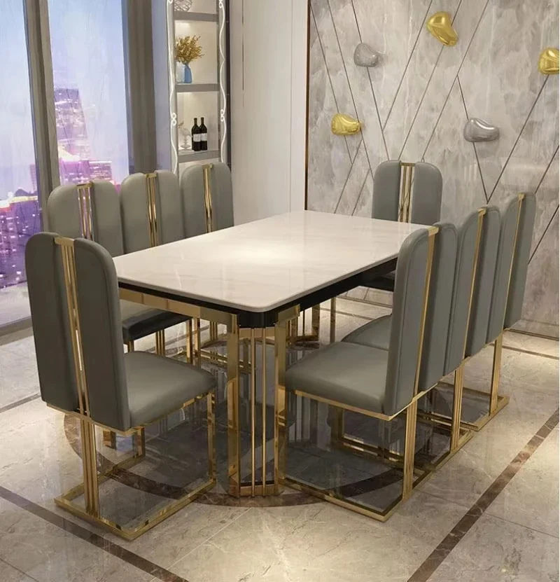 

For Light Luxury Rock Plate Table Simple Modern Gold Rectangular Table and Chairs Set