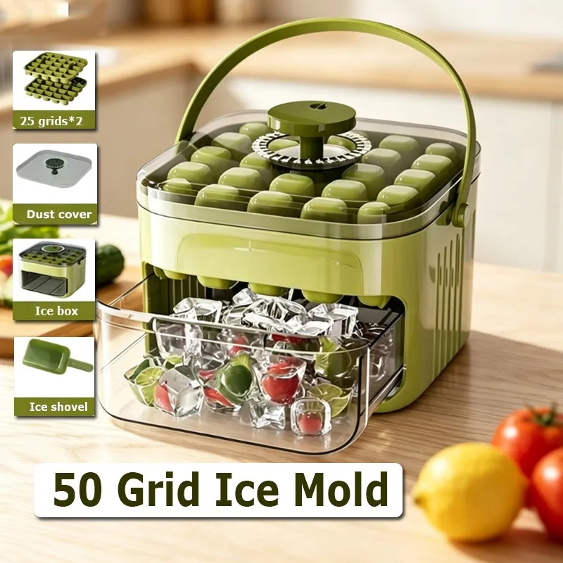 Image of 50er-Eiswürfelform mit Deckel, doppellagige Eiswürfelbox, tragbare Eiswürfelmaschine für den Sommer, Küchenzubehör