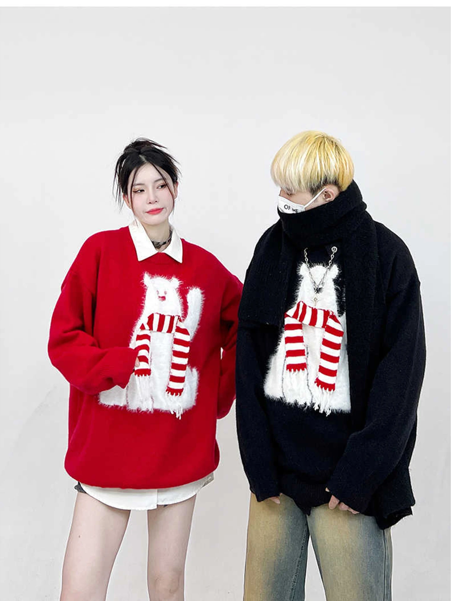 

Красный вязаный свитер с узором «Медведь» для мужчин, зимний, уютный, на флисовой подкладке, с круглым вырезом, пуловер, теплая повседневная одежда