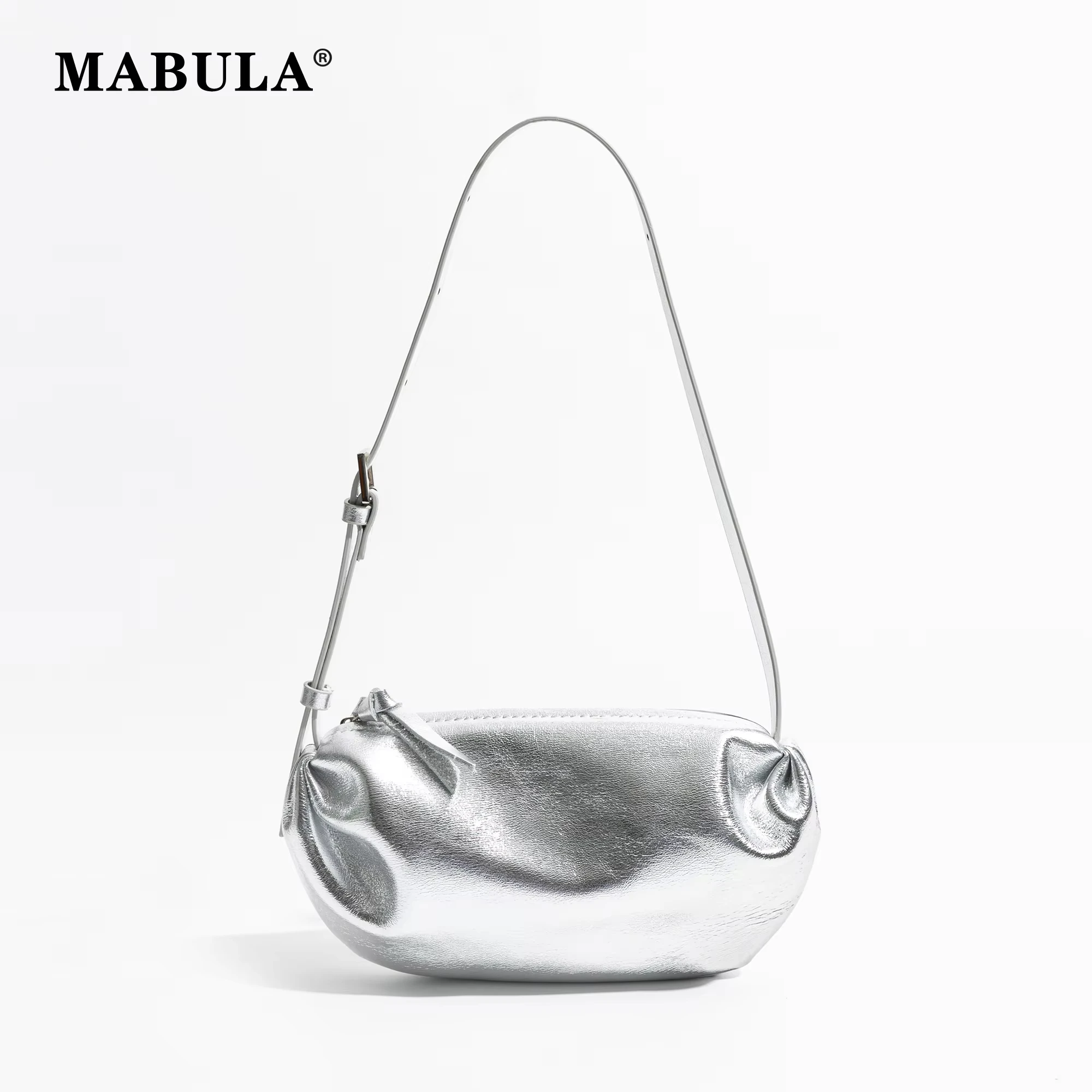 

MABULA Fashion Genuine Leather Shinny Silver Dumpling Hobo Bag Solid Color Underarm Shoulder Phone Purse Ladies Crossbody Bag