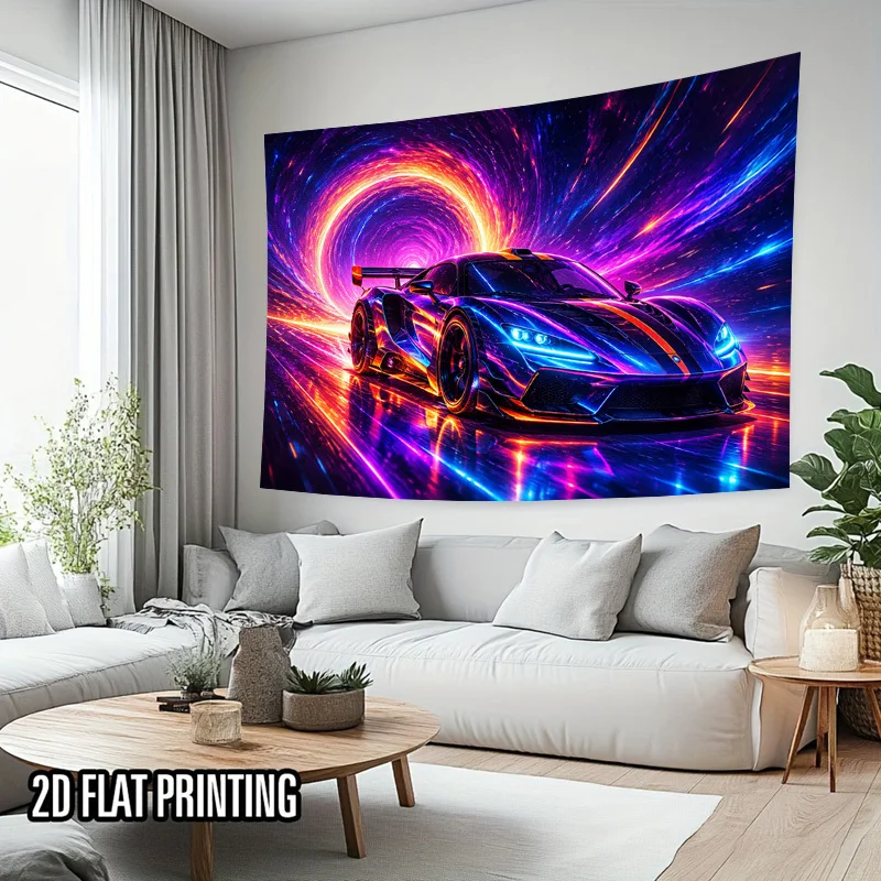 Vibrant Neon Sports Car Racing Tunnel Abstract Wall Tapestry for Modern Garage Decor