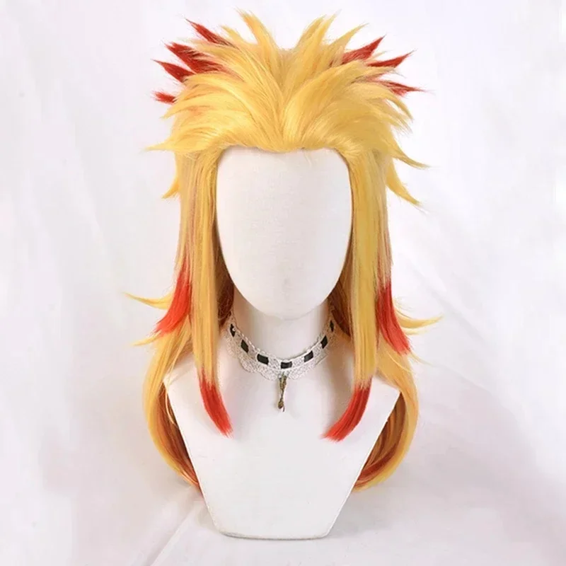 Peluca de Anime Demon Slayer Rengoku Kyoujurou Rubio degradado, disfraz de Cosplay, peluca de cabello Pontail resistente al calor, gorro de peluca, hombres y mujeres