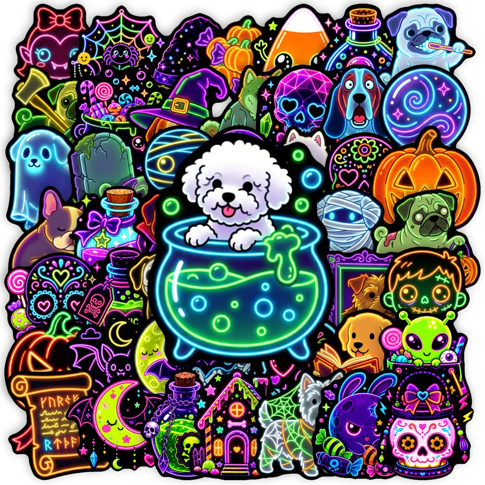 50Pcs Halloween Neon Funny Pet Pumpkin Stickers Waterproof for Skateboard Helmet Reward Journal DIY Decor Decals