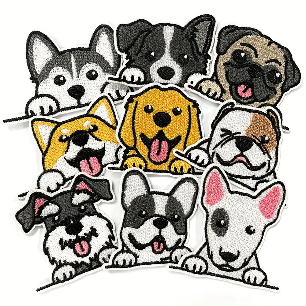 Paquete de 9 Parches Termoadhesivos de Perros Adorables - Apliques Bordados para Chaquetas Vaqueras, Mochilas y Ropa DIY |   Diseños de Razas Divertidas
