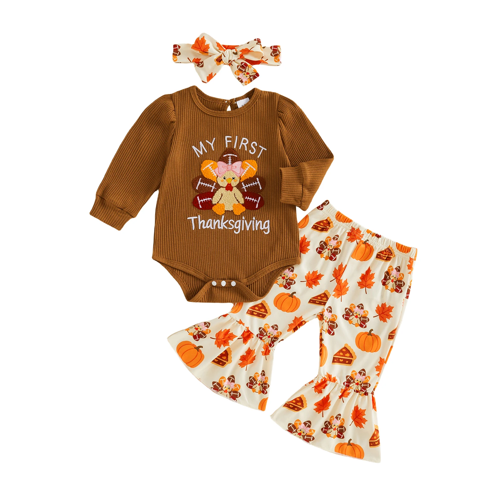

Baby Girls Thanksgiving Outfits Turkey Embroidery Long Sleeves Romper and Prints Flared Pants Headband Set
