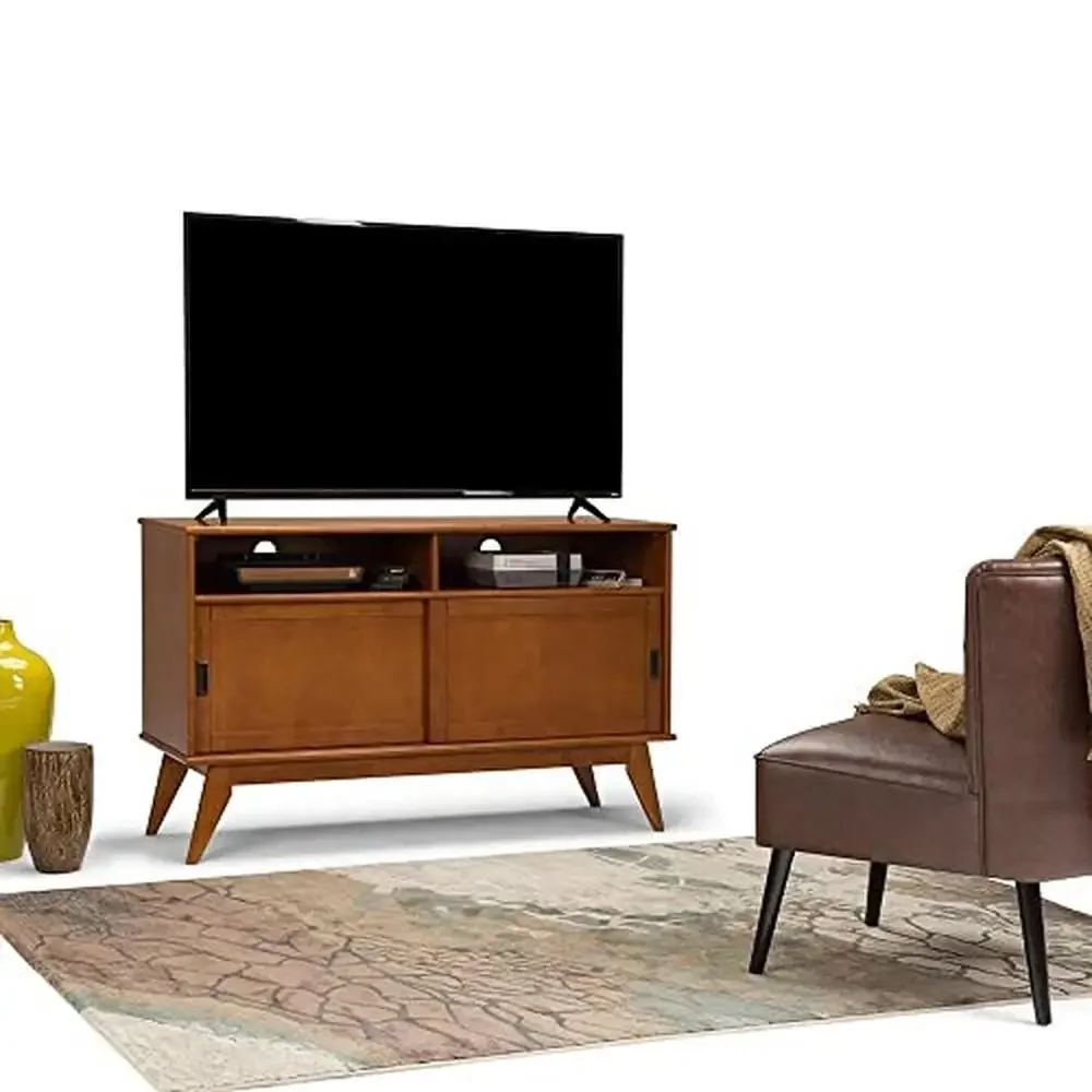 Solid Hardwood Mid Century Modern TV Media Stand in Teak Brown 54