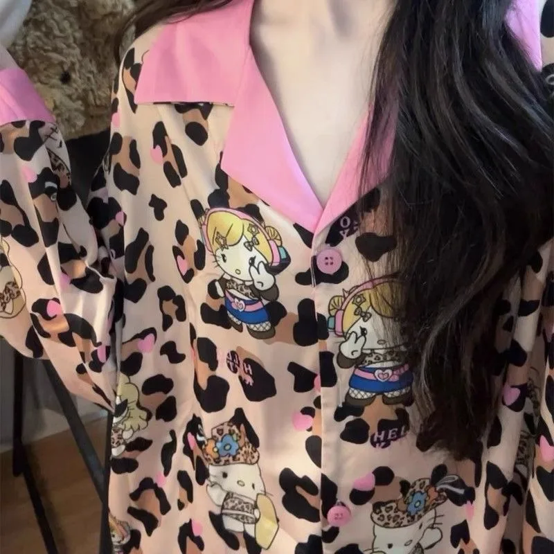 330 Pounds Big Size Hello Kitty Silky Leopard Print Long-sleeved Long-trousered Set  Women's Pajamas Y2k Cartoon Cute Printing