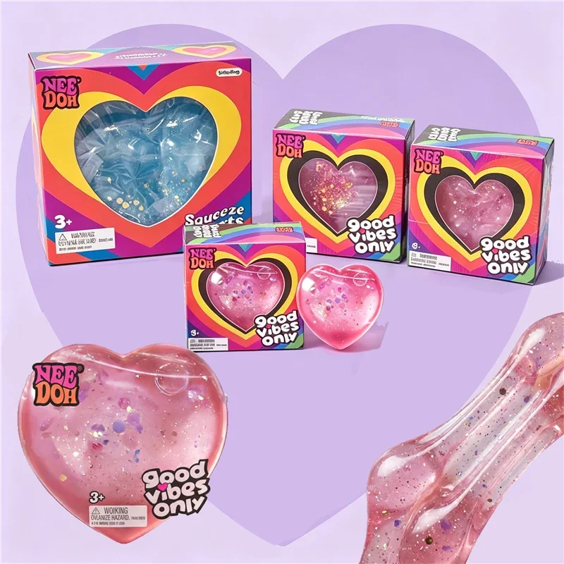 Needoh Good Vibes Only Teenie Heart Squishy Glitter, Juguete Sensorial, Corazones para Apretar, Alivio del Estrés, Ansiedad, Autismo, TDAH, Kit de Regalo