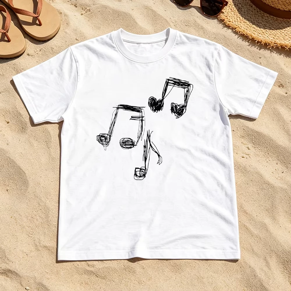Sketch Music Note Illustration Women's Vintage White Short Sleeve Blouse Hand Drawn Style Art Tee Shirt Y2K Aesthetic Clothes