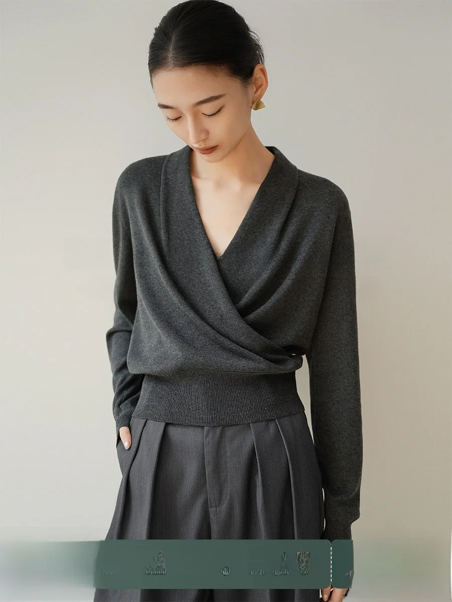 

Achu Low Profile Simple Deep ey V-ne Women's Cross Knitted Sweater Turtlene Long Sve Soft Comfortable Base Layer Top