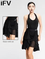 Women's adult Latin dance half skirt rumba ballroom dance dress multi-layer mesh skirt slimming performance costume customized
