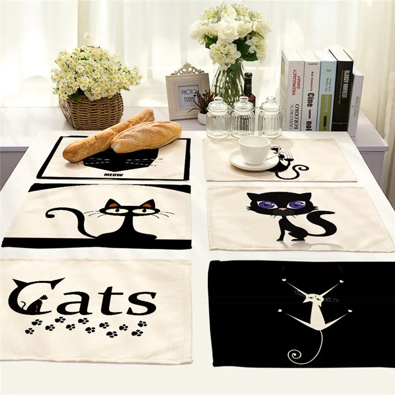 40X30cm Cute Black Cat Pattern Kitchen Placemat Dining Table Mats Drink Coasters Western Pad Cotton Linen Cup Mat Home Decor