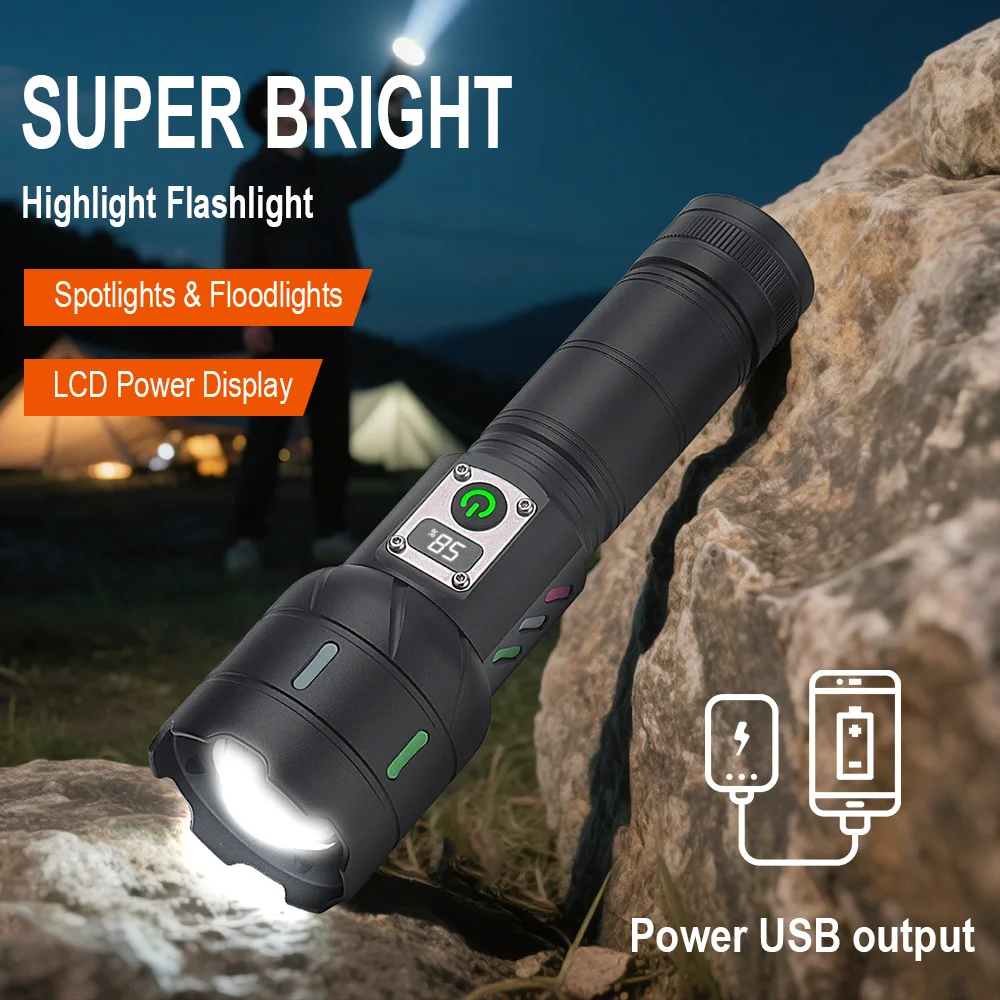 BORUiT A15 Senter LED Kuat 1200LM 26650 Lampu Senter Zoom Isi Ulang Tipe C dengan Tampilan Digital untuk Berkemah Luar Ruangan