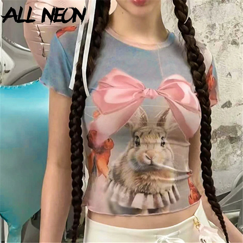 

Allneon Kawaii Bow Rabbit Print Short Sleeve T-shirts Y2K Aesthetics Slim O-Neck Tees Sexy Mesh Sheer Crop Tops Women Basic T