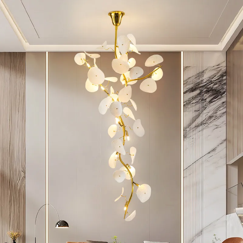 French Luxurious Pendant Lights Art Ceramics Ginkgo Leaf LED Ceiling Hanging Lamps Villa Parlor Hotel Lobby High-end Chandeliers