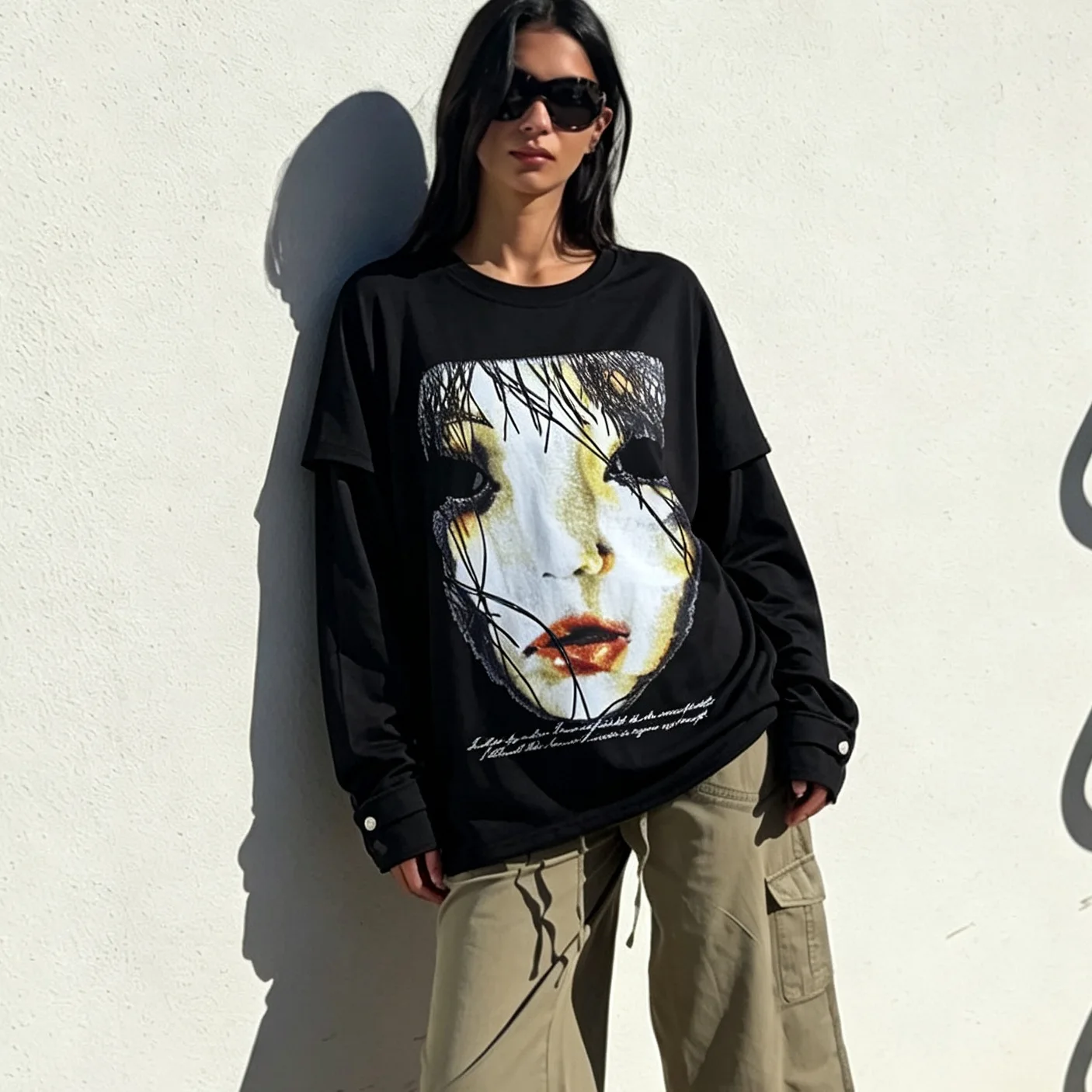 Y2K Gothic Dark High Street Style Pop Art Woman Face Print Fake Two Piece Long Sleeve T-Shirt Metal Button Cuff Slim Cropped Top