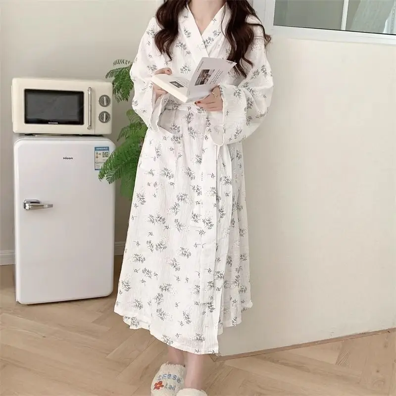 

Халат в корейском стиле, ночная рубашка для женщин, весна-осень, новые японские пижамы, длинное кимоно, халат, свободная домашняя одежда с цветочным принтом, милая