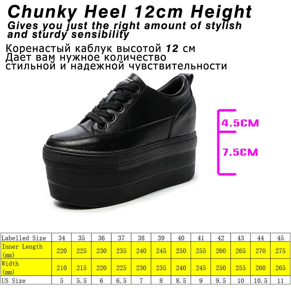 Fujin 12cm Genuine Leather Women Vulcanized Shoes Leather Platform Wedge High Heels White Shoes Lace Up Increase Casual Shoes