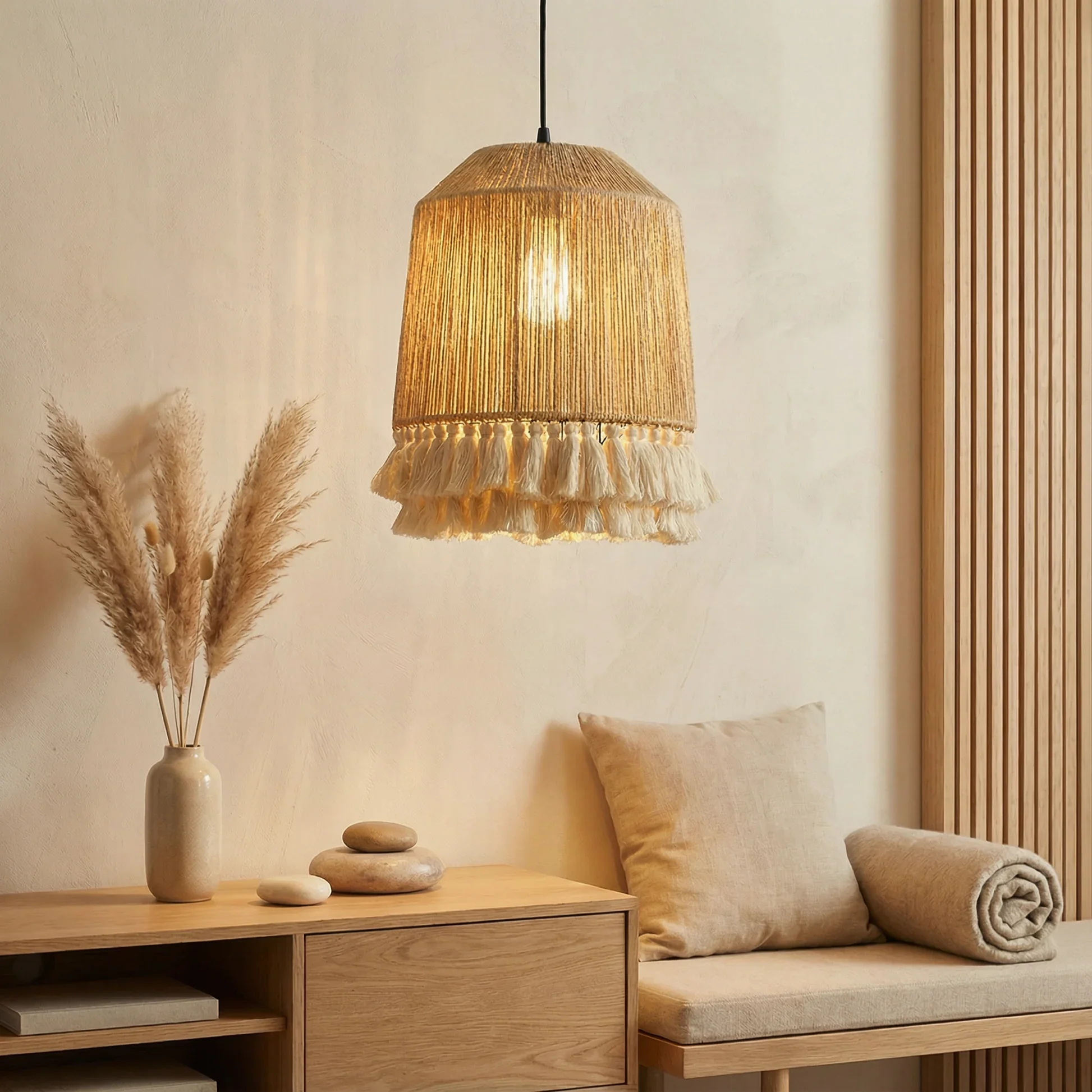 JOYINLED 30cm Jute Rope Chandeliers Pendant Light with Tassels, Boho Woven Hanging Lamp for Dining Room, Bedroom and Living Room
